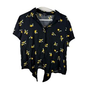 Rue 21 Lemon Print Top Women's Size Large Tie front Rayon Summer Button Up SS